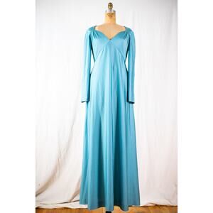 Vintage 70s Aqua Maxi Dress, Eva Gabor by Estevez Formal Evening Gown Retro Med